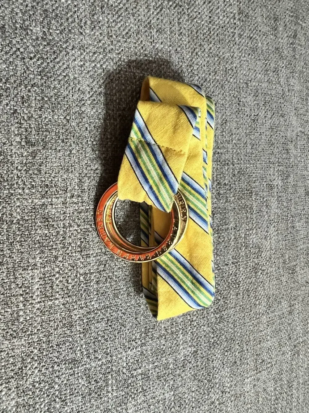 LAUREN RALPH LAUREN 100% Linen Double O Gold Tone Yellow Blue Green Stripes Belt